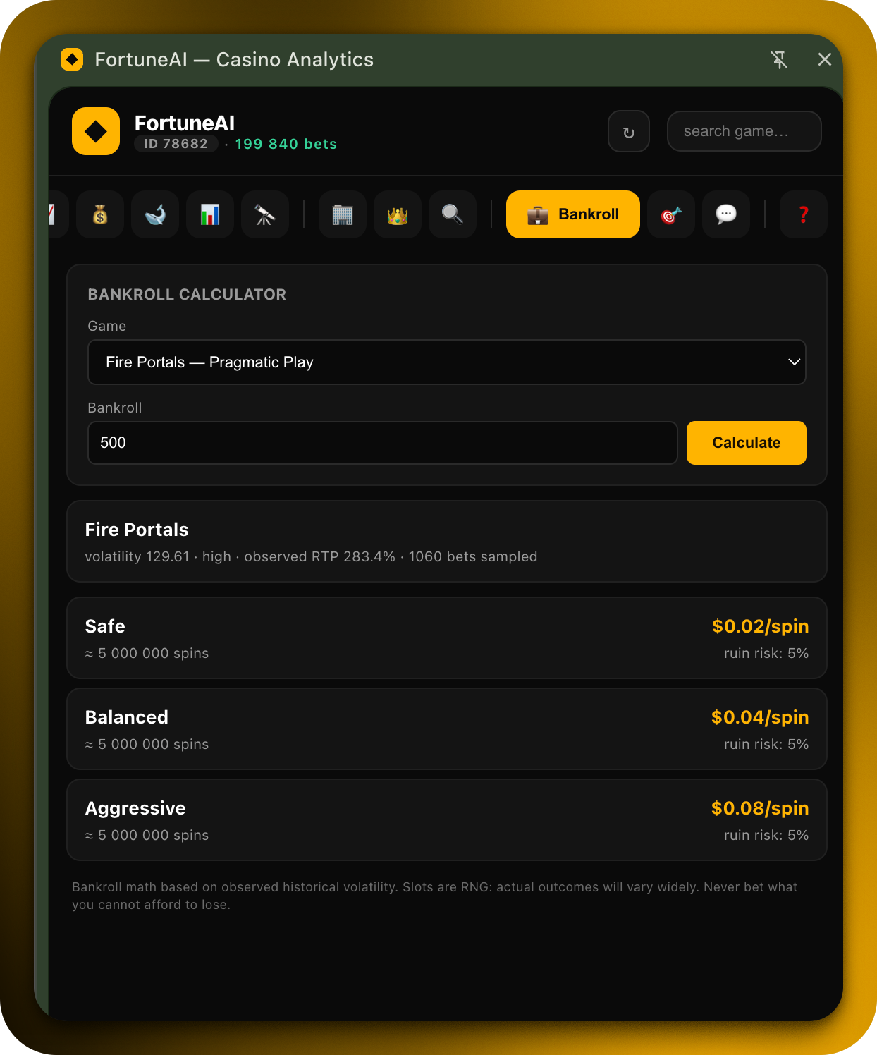 Bankroll calculator with Safe/Balanced/Aggressive tiers